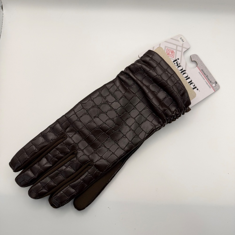 Isotoner Womens Brown Faux Leather Croc Embossed smartTouch Gloves S/M